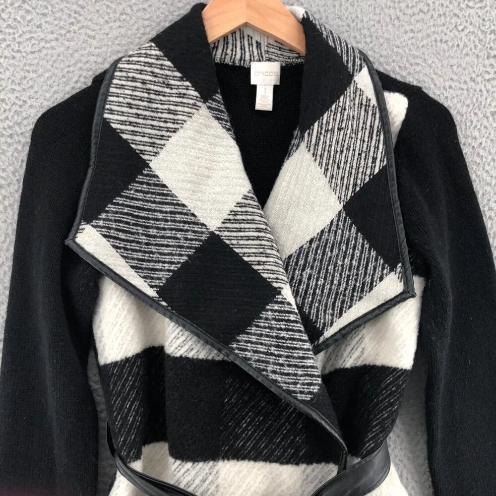 Chicos Sweater Women 1 US Medium Charlene Black Gingham Wool Blend Cardigan Belt - Picture 2 of 11